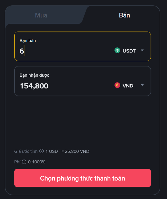 A dark-themed cryptocurrency trading interface shows a 'Bán' (Sell) tab with a sell amount of 6 USDT, resulting in 154,800 VND received, with an estimated rate of 1 USDT ≈ 25,800 VND and a 0.1000% fee, plus a red 'Chọn phương thức thanh toán' button.