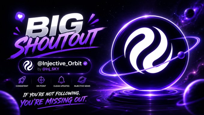 The image features a poster for an event called "Big shoutout" that is related to a social media account named "@InjectiveOrbit". The poster has a purple background with white text, and there's a large white circle with a black dot in the center surrounded by planets. Below the circle, there are three planets: one on the left side of the image, another at the top right corner, and the third one occupying most of the bottom right area. The poster also includes a caption that reads "If you're not following, you're missing out."
