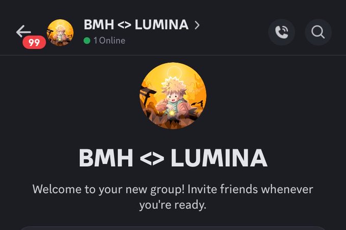 Screenshot of a chat group interface titled 'BMH <> LUMINA' with an online indicator, featuring an anime-style character avatar and the message 'Welcome to your new group! Invite friends whenever you're ready.'