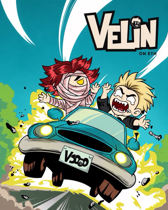 A vibrant cartoon illustration shows a mummy-wrapped character with red hair and a screaming blonde character riding in a speeding teal convertible with the license plate "V3000," set against the "VELIN ON ETH" logo, playfully matching the post's "Let's drive again with Velin on ETH" theme.