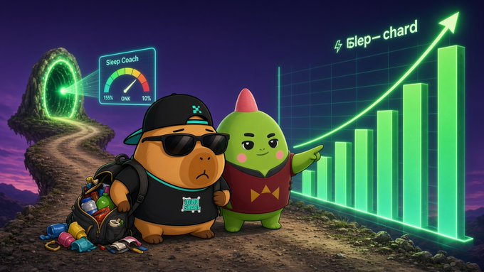 A weary bulldog and a green, broccoli-like companion wearing a black cap and sunglasses stand on a dirt path littered with discarded cans and wrappers, looking toward a glowing green portal beneath a "Sleep Coach" gauge showing 135% and 110%. One sentence caption: Exhausted after a sleepless night, a cap-wearing bulldog and his broccoli-shaped companion stare down a littered Robbery Road path toward a glowing "Sleep Coach" portal marked 135%/110%, with a green weekly bar chart trending upward beside them, visualizing how poor sleep depletes their supplies and stalls their run.