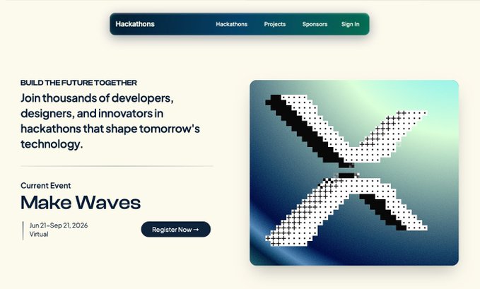A hackathon landing page titled "Make Waves" running June 21–Sep 21, 2026 invites registration for an event promoting collaboration among developers and innovators to build tomorrow's technology. The image relates to the post by showcasing the XRPL hackathon platform where the user is developing their project "Tiplet."