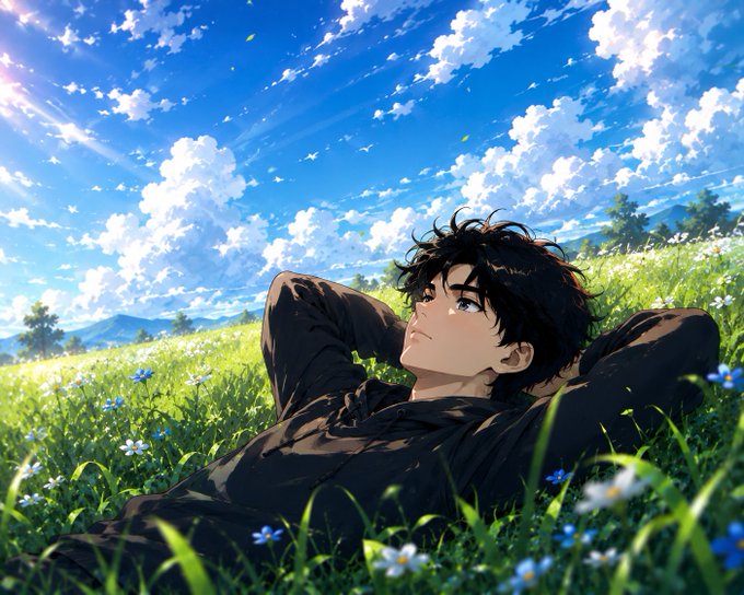 An anime-style illustration of a young man with dark hair lying in a field of flowers under a bright blue sky.