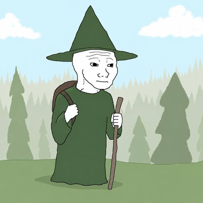 A cartoon illustration of a melancholic wizard or traveler wearing a pointed green hat and robe, holding a wooden staff against a forest background.