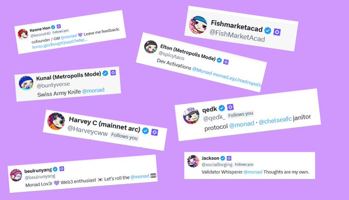 A collage of Twitter/X profile cards featuring Monad-related accounts including Keone Hon, Fishmarketacad, Elton (Metropolis Mode), Kunal, Harvey C (mainnet arc), gedk, beururyang, and Jackson, with various Monad-themed bios.