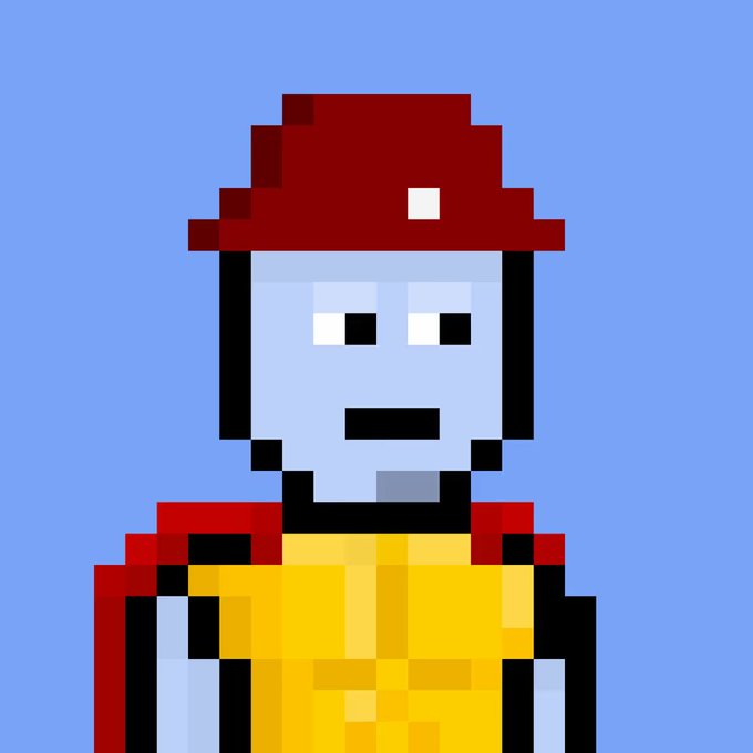 A pixel art portrait of a blue-skinned character wearing a red beanie and yellow shirt against a solid light blue background.
