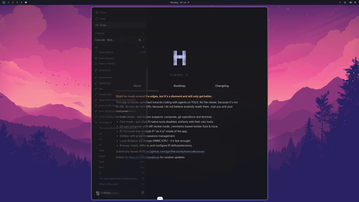 The image shows a computer screen displaying a webpage with a purple background featuring mountains, trees, and birds. The text on the page reads "H" and "Implementing BTW in howcode - full compatibility between GUI & Pi TUI". This suggests that the image is related to a discussion or tutorial about implementing a specific feature of the software being used.