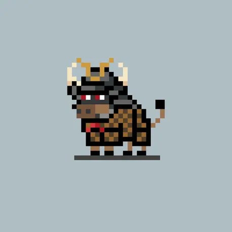 A pixel art illustration of a black and brown dog or goat-like creature with horns and glowing red eyes on a gray background.