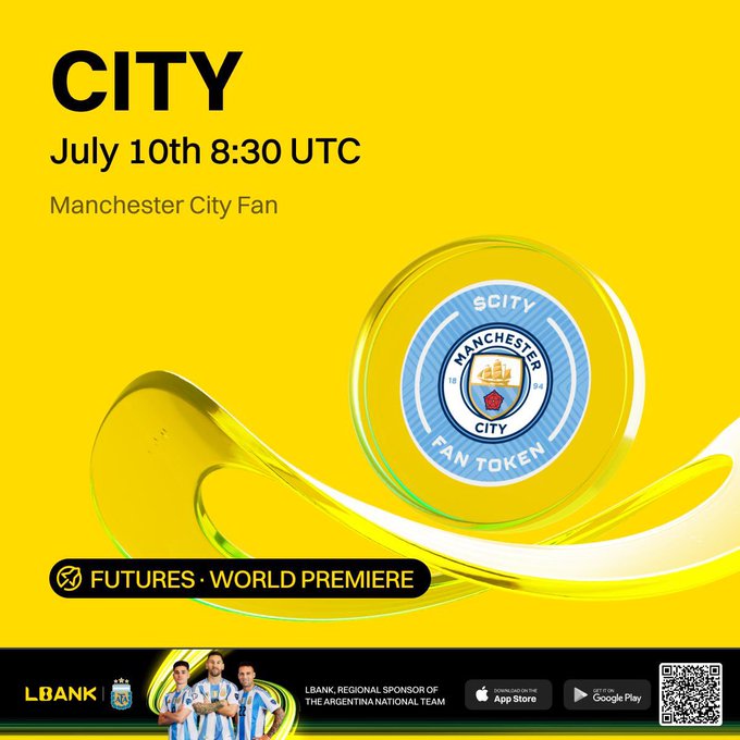 A bright yellow promotional graphic announces the global premiere of the Manchester City Fan Token ($CITY) futures on LBank on July 10th at 8:30 UTC, featuring the official club crest and LBank Futures branding to highlight the new perpetual contract listing mentioned in the post.