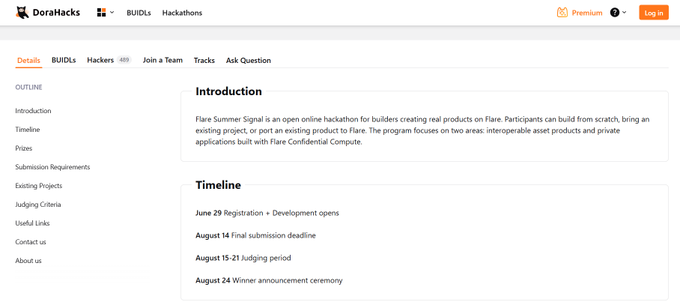 A DoraHacks webpage for 'Flare Summer Signal' hackathon, listing the Introduction and Timeline with dates from June 29 to August 24.