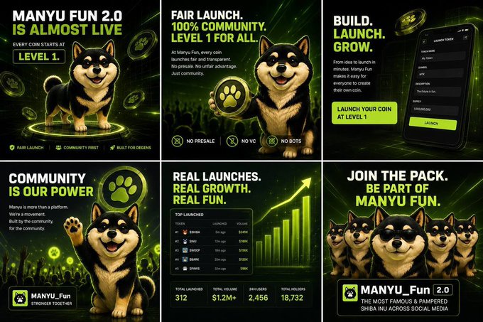 A promotional graphic for 'MANYU FUN 2.0' featuring a Shiba Inu dog, with text highlighting fair launch, community, and coin building.