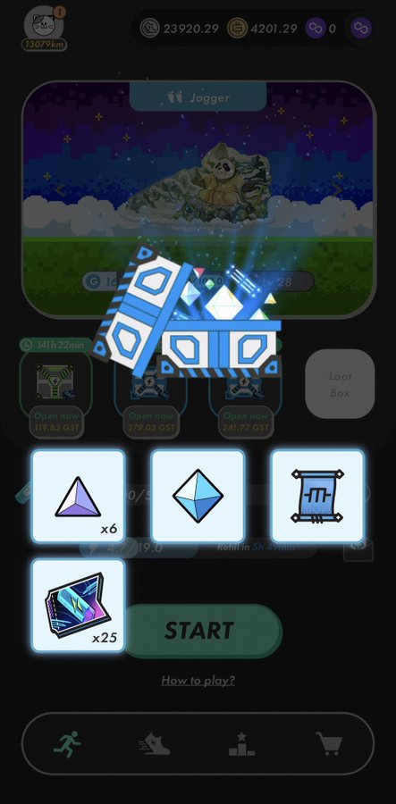 A mobile game interface featuring a 3D loot box opening animation, showing in-game currency balances and various reward items like gems, boxes, and trading cards above a 'START' button.