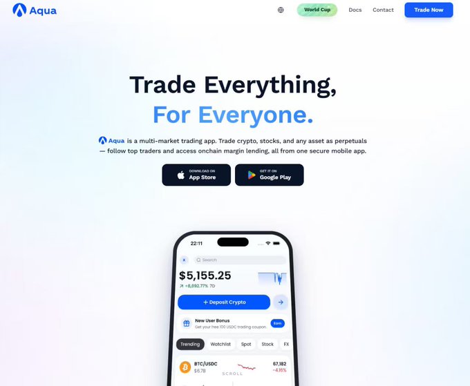 The image shows the Aqua trading app landing page with the tagline "Trade Everything, For Everyone," featuring a mobile app screenshot displaying a portfolio balance of $5,155.25 and a BTC/USDC trading pair at 67,182 (-4.15%).

The post contrasts gambling with probability-based trading, and the image supports this by showcasing Aqua as a professional multi-market trading platform offering crypto, stocks, and perpetuals—not a guessing game but a structured environment for executing calculated trades like the mentioned $HYPE options.