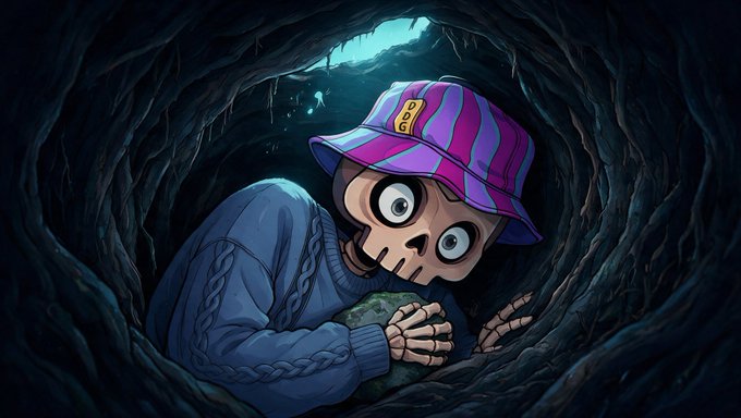 A skeleton character wearing a blue sweater and a purple/pink striped bucket hat with 'ODG' on it, peeking through a dark tunnel or hollow.