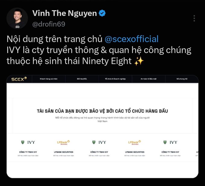 A tweet from Vinh The Nguyen (@drofin69) discussing the SCEX official website, stating 'IVY là cty truyền thông & quan hệ công chúng thuộc hệ sinh thái Ninety Eight ✨', accompanied by a screenshot of the site showing IVY and LPBank Securities logos.