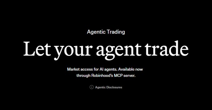A black promotional graphic announcing 'Agentic Trading - Let your agent trade', offering market access for AI agents through Robinhood's MCP server.