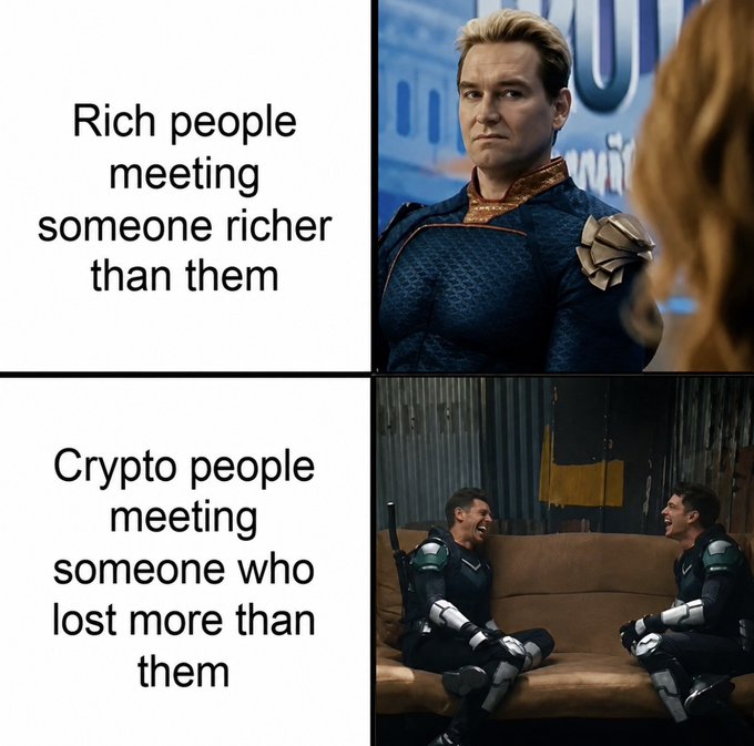 A meme using stills from 'The Boys' showing Homelander looking serious, contrasted with two soldiers laughing on a couch, captioned 'Rich people meeting someone richer than them' and 'Crypto people meeting someone who lost more than them'.
