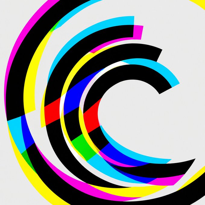 A series of concentric, offset "C" shapes in vibrant CMYK colors (cyan, magenta, yellow, black, with red and green accents) radiate outward on a light gray background, with the nested crescents visually echoing a steady, expanding rhythm. The repeated curved motif mirrors the "constant flow" of a crypto market greeting, while the printer's-process color palette adds an abstract, almost data-like graphic punch.