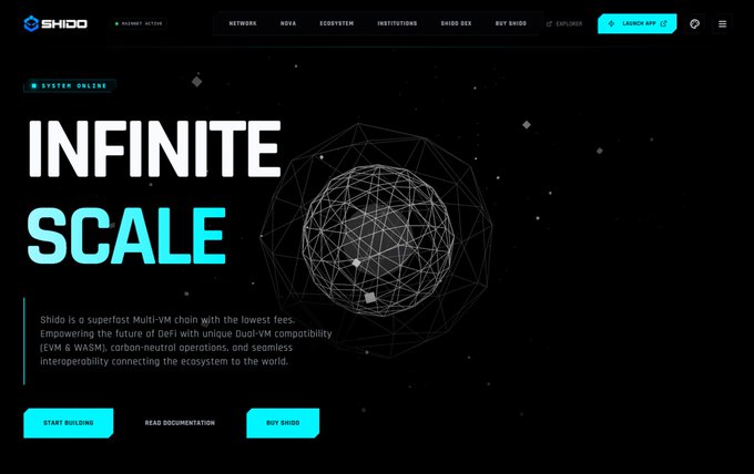 The image shows a website called Shido.io, which appears to be related to the concept of Infinite Scale. The website has a black background with white text that reads "Infinite Scale". There are two buttons on the left side of the screen, one at the top and another below it. These buttons might be used for navigation or interacting with the content displayed on the site.