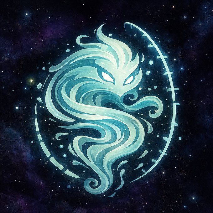 A digital artwork of a mystical blue, water-like spirit or creature with flowing hair and glowing eyes, encircled by a crescent shape against a dark, starry cosmic background.