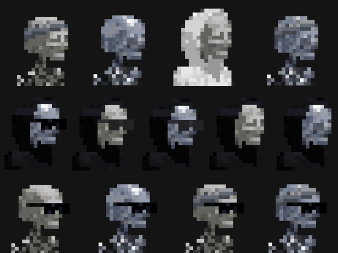 A pixel art sprite sheet displays multiple frames of a gray alien character in various poses against a black background.