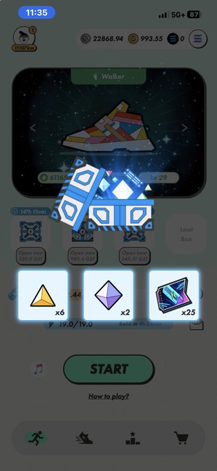 Screenshot of a mobile game app showing a sneaker with 'Walker' label, in-game currency balances, and a START button below three reward boxes.