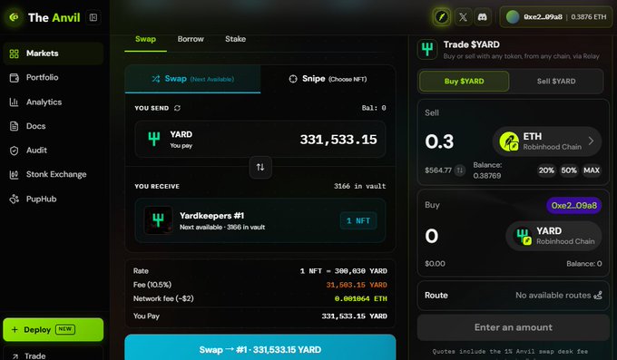 The Anvil interface shows a swap interface where 331,533.15 YARD tokens are being exchanged for 1 Yardkeepers #1 NFT, with the NFT priced at approximately 31,503.15 YARD (~$300,638) and the current buy/sell panel displaying YARD trading at 0.3 ETH on Robinhood Chain, illustrating the high cost and limited liquidity concerns raised in the post about acquiring Yardkeeper NFTs.