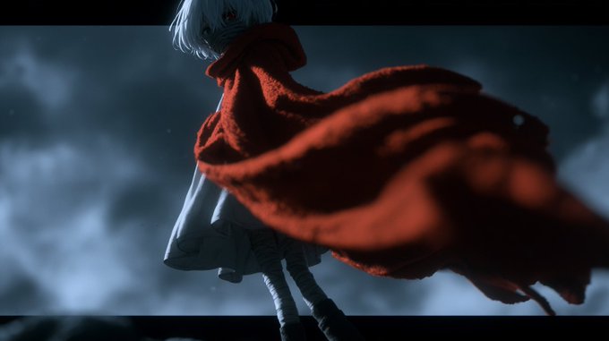 An anime character with white hair and a flowing red cape stands against a cloudy, dark sky, viewed from behind.
