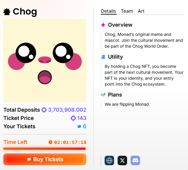 A webpage for 'Chog,' Monad's original meme and mascot NFT project, showing a surprised-looking cartoon face, total deposits of 3,703,908.002, a ticket price of 143, and a 'Buy Tickets' button with time remaining of 02:01:57:18.