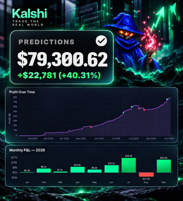 A Kalshi trading dashboard screenshot showing 'PREDICTIONS' profits of $79,300.62 (+$22,781 / +40.31%), with a profit-over-time chart from Feb-Oct 2026 and monthly P&L bar chart for 2026.