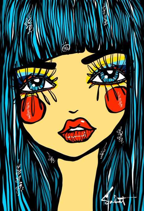 A stylized pop-art illustration of a woman's face featuring blue hair, vibrant yellow and red eye makeup, and red lips.