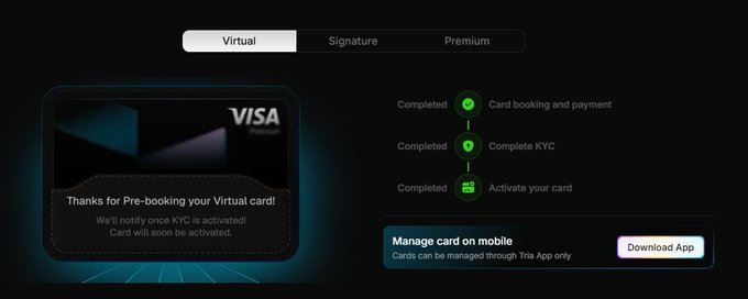 In this image, there are three main elements: a white banner with blue text across the top, a gray screen displaying information about the Visa credit card, and a purple banner that says "Congratulations! You have been approved for free." The overall theme appears to be related to social media or online applications. This post is sponsored by @useTria, which focuses on promoting their virtual wallet app. The text and colors used in this image are intended to grab the viewer's attention and encourage them to take action (likely to download and use the app).