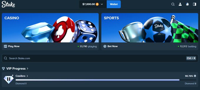 A screenshot of the Stake.com online casino and sports betting website showing a $7,000.00 balance, Casino and Sports sections, and a Casiibro VIP progress bar at 90.76%.