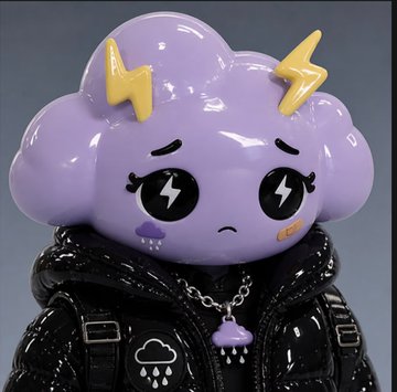 A glossy purple toy or figurine resembling a cute cloud with yellow lightning bolt horns, a sad face, and a small bandage, wearing a black leather jacket with a chain.