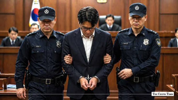 A man in a suit and handcuffs is escorted by two uniformed officers in what appears to be a South Korean courtroom; the image is watermarked 'The Crypto Times.'