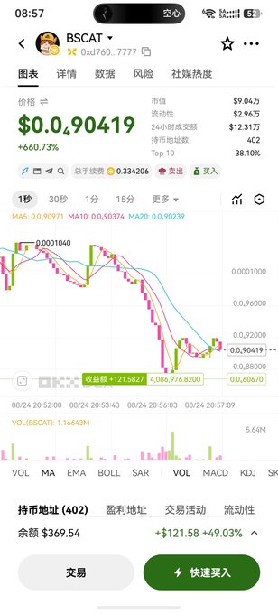Trading chart for BSCAT (0xdfa0...7777) showing a price of $0.000490419, up 660.73%, with candlestick data and indicators.