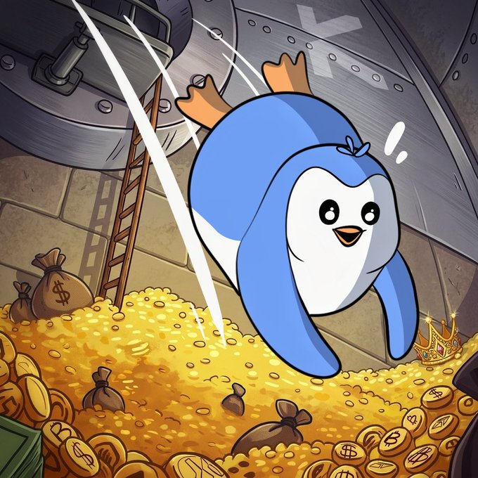 The image features a cartoon penguin diving into a pile of gold coins, with its arms outstretched as if trying to grab them. The scene takes place inside an airplane, adding a sense of adventure to the story. In the background, there are bags filled with money and a ladder, suggesting that the penguin is on a treasure hunt or in search of valuable items. The image also includes text that reads "Me and my cashback rewards Thanks KAST You can earn cashback too just join @KASTxyz".
