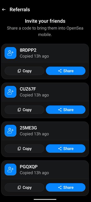 A mobile screenshot of the OpenSea Referrals page displaying four referral codes (8RDPP2, CUZ67F, 25ME3G, PGQXQP) each with Copy and Share buttons.