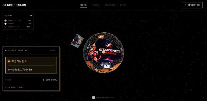 A 'Stake Wars' interface showing a supply drop section with a winner address '0x4c5b81...7c043a' and a prize of '1,000 STRK,' alongside a 3D sphere labeled 'Starknet One.'