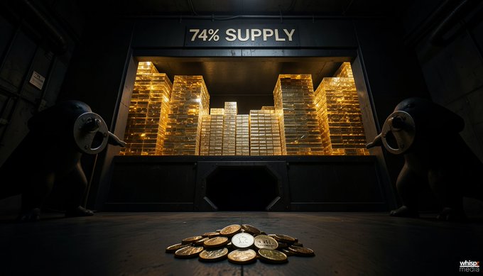 The image depicts a large pile of gold coins stacked up behind two elephants, who are positioned as if they are guarding or controlling them. The phrase "74% supply" is prominently displayed above the stack of coins. This scenario seems to be set in an urban environment where it appears to be a retail store. The post suggests that the coins may be part of a strategy for financial control and the manipulation of Bitcoin's value, with 74% being taken by the seller controlling the retail market. The scene is designed as a dramatic presentation to provoke thought about this concept.