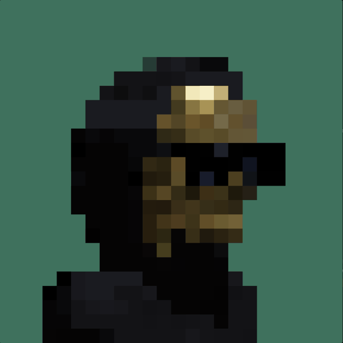 A heavily pixelated, low-resolution portrait shows a figure in dark clothing and a cap against a green background.
