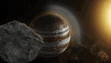 The image features a large planet with a black and white striped appearance, surrounded by stars and clouds. In the background, there is an orange-colored space rock that appears to be floating or moving away from the planet. The caption of the image reads "ASTEROID has mission control lost the checklist but kept the launch button" which seems unrelated to the celestial bodies in the scene.

The post also includes a reference to a financial advice saying, "Not financial advice." This phrase is placed at the bottom right corner of the image and does not seem to be directly related to the celestial objects or the caption about Asteroid.