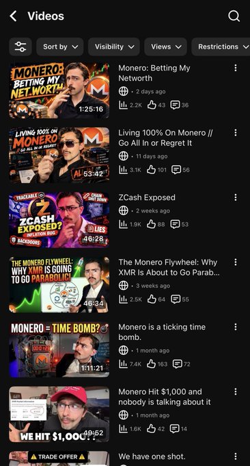 Mobile app screenshot of a video feed listing cryptocurrency videos, primarily about Monero and ZCash, with thumbnails showing various creators.