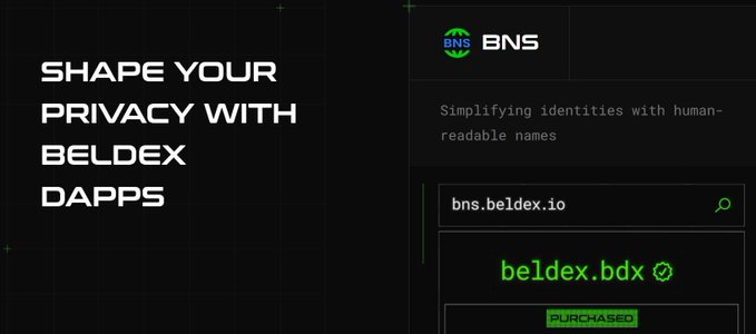 A promotional graphic for Beldex's BNS (Beldex Name Service) dApp with the headline "Shape Your Privacy with Beldex DApps," illustrating how users can replace long wallet addresses with human-readable .bdx names like "beldex.bdx" (purchased) at bns.beldex.io. The image visually reinforces the post's message about simplifying crypto identities and reducing friction when using privacy-focused dApps.