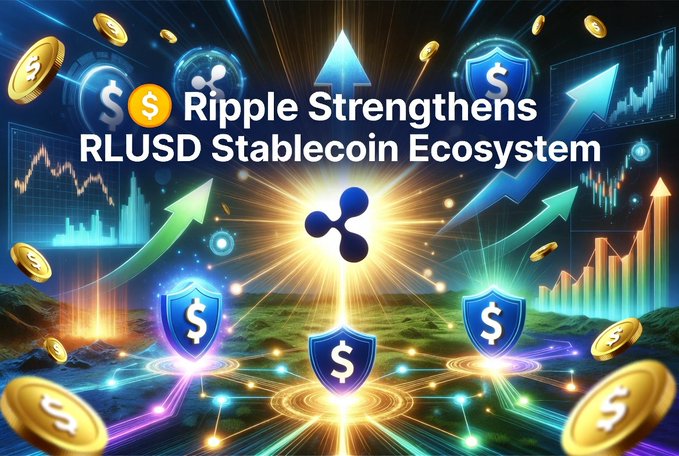 A digital illustration featuring the Ripple logo and the text "Ripple Strengthens RLUSD Stablecoin Ecosystem" surrounded by floating coins, upward arrows, and stock market charts.