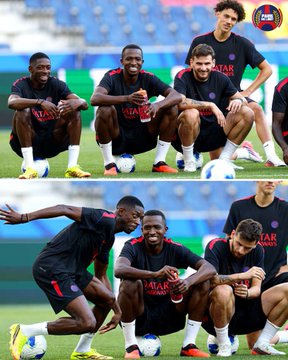 Soccer players in Paris Saint-Germain (PSG) training kits are seen stretching on the field, with Ousmane Dembélé and others visible.