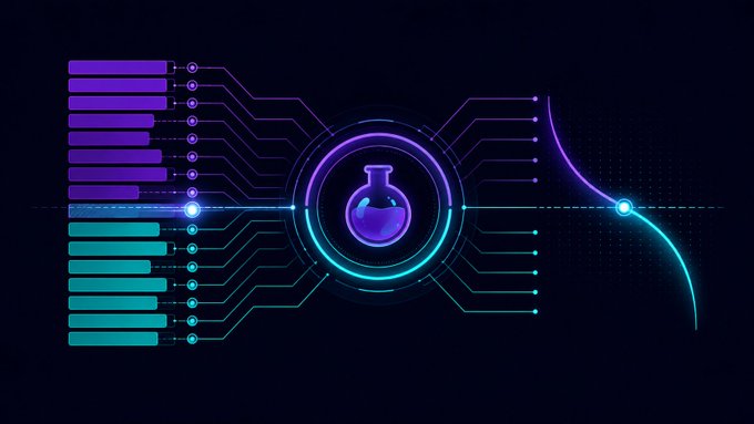 A futuristic digital graphic featuring a glowing purple potion flask at the center of a circular interface, surrounded by circuit board patterns and bar graphs in teal and purple colors.