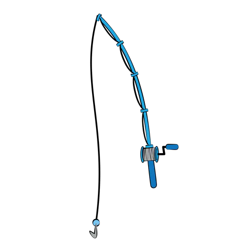 A simple illustration of a blue and black fishing rod with a reel, line, and hook against a white background.