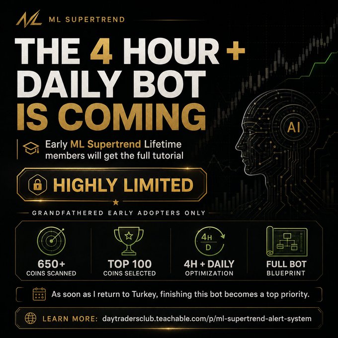 The promotional image announces the upcoming "ML Supertrend 4 HOUR + DAILY BOT," limited to early lifetime members, with gold and black branding featuring an AI head graphic. It highlights the bot's process—scanning 650+ coins, selecting the top 100, optimizing 4H and daily settings, and providing a full bot blueprint—matching the post's outline of the creator's planned workflow upon returning to Turkey, with a link to daytradersclub.teachable.com for more information.
