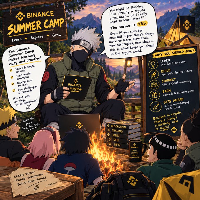 An anime-style promotional image for 'BINANCE SUMMER CAMP' featuring Kakashi from Naruto teaching younger ninja characters around a campfire about crypto topics like Blockchain, Trading, WEB3, DeFi, and NFTs.